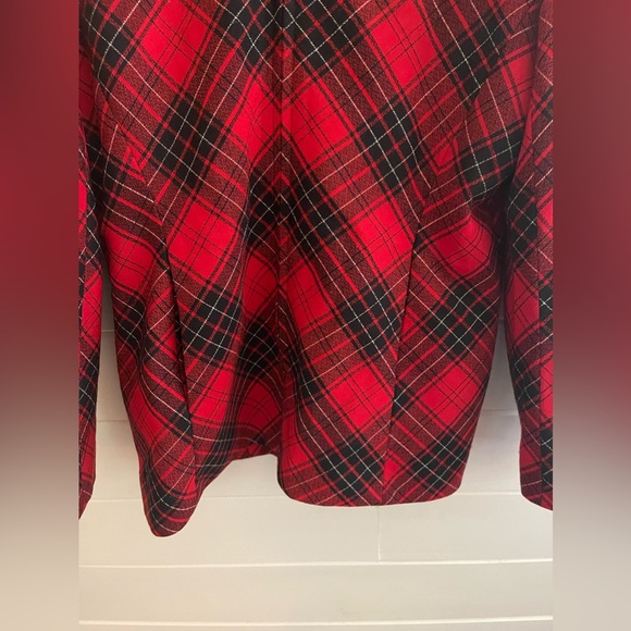 VINTAGE HALSTON 3 Pc Red Black Plaid Skirt Suit Wool Sz 12/14 BLAZER SKIRT VEST - Picture 5 of 12
